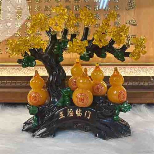 Phong Thủy Decor Cây Thạch Anh 5 Hồ Lô Vàng PT002