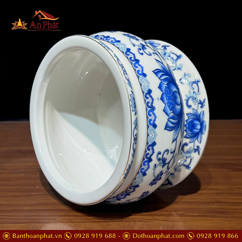Bát Hương Sứ Sen Trắng Xanh DT221 7 Bát Hương Sứ Sen Trắng Xanh DT221