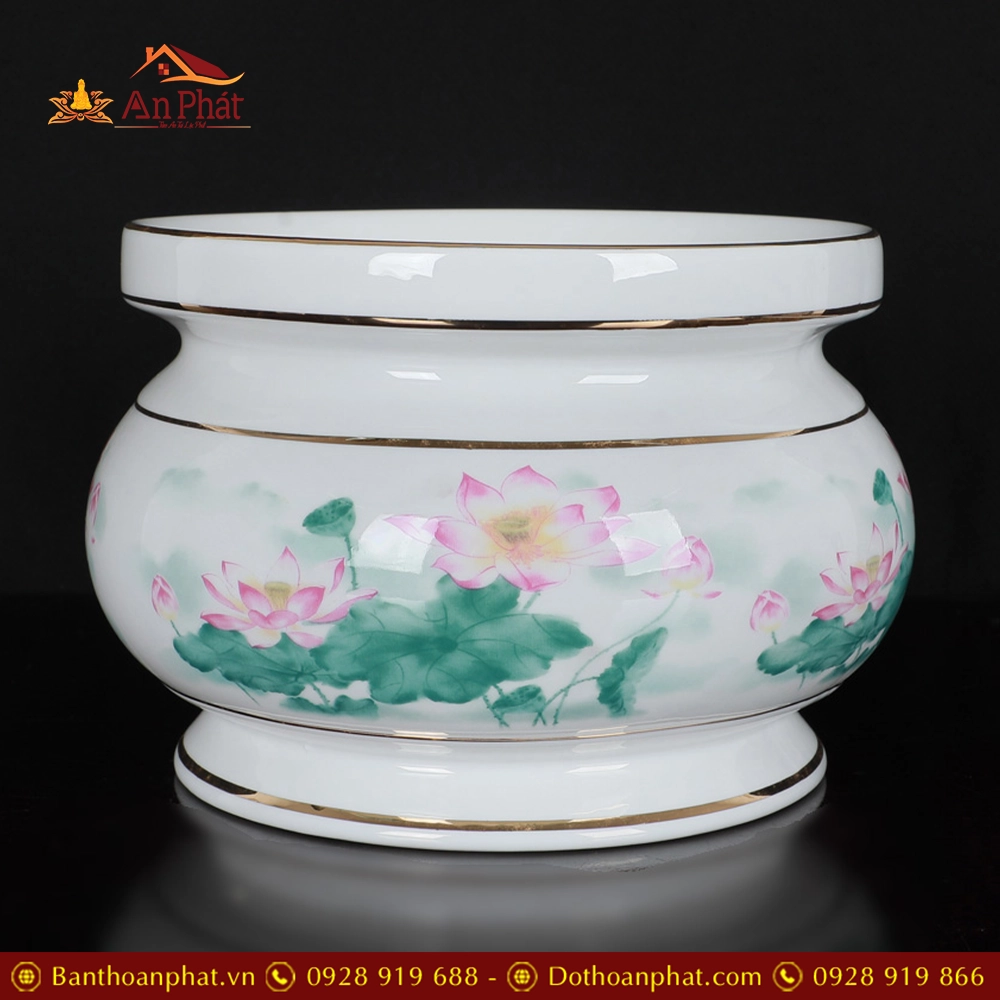 Bát Hương Sứ Trắng Hoa Sen Hồng Lá Xanh DT279 11 Bát Hương Sứ Trắng Hoa Sen Hồng Lá Xanh DT279
