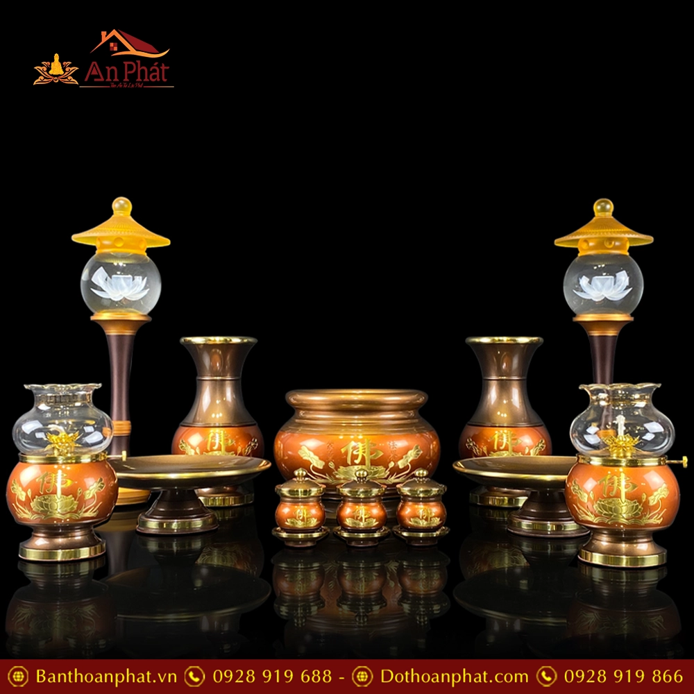 Bộ Đồ Thờ Đồng Hoa Sen Đỏ Chữ Phật BDT003 13 Bộ Đồ Thờ Đồng Hoa Sen Đỏ BQL Chữ Phật BDT003