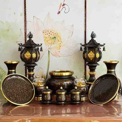 Bộ Đồ Thờ Đồng Vân Đá Nâu Đen BDT013