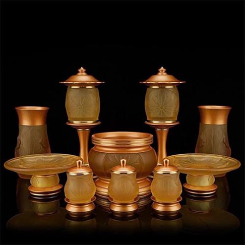 Bộ Đồ Thờ Nhập Khẩu Lưu Ly Lá Sen Nổi BDT033