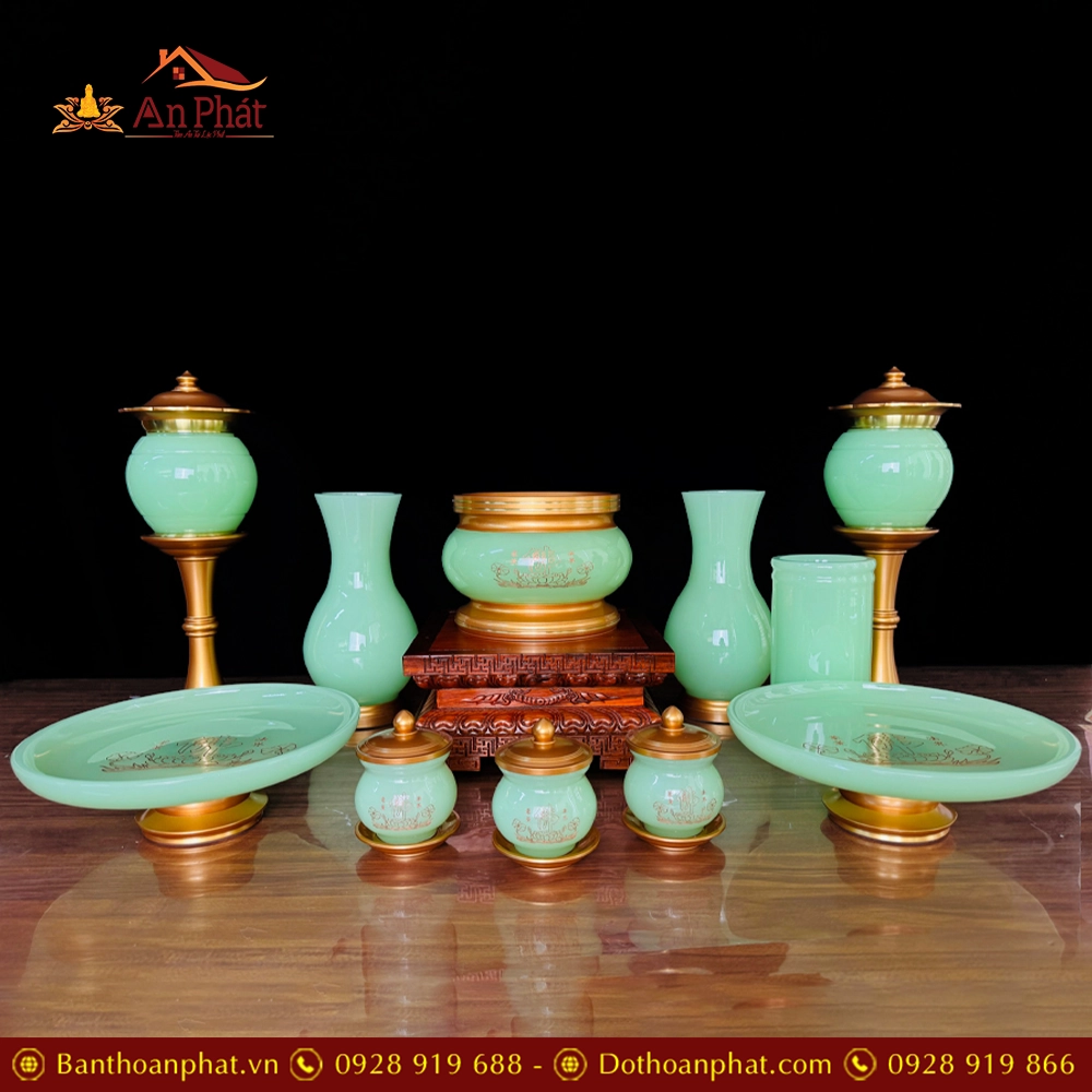 Bộ Đồ Thờ Phật Đá Lưu Ly Xanh Lục Hoa Sen Chữ Phật BDT018 15 Bộ Đồ Thờ Phật Đá Lưu Ly Xanh Lục Hoa Sen Chữ Phật BDT018