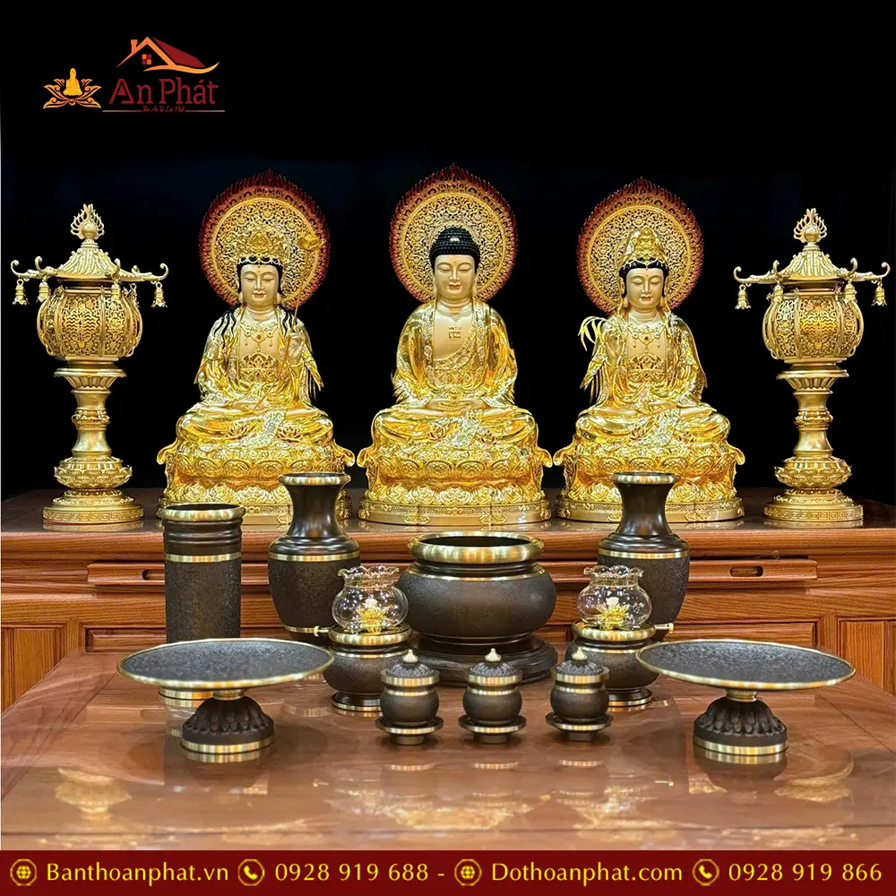 Bộ Đồ Thờ Phật Đồng Vân Đá Đen Sần Nhập Khẩu BDT024