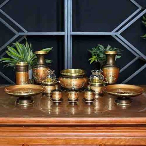 Bộ Đồ Thờ Thần Tài Đồng Nâu Đỏ Hoa Sen Chữ Phật BDT023