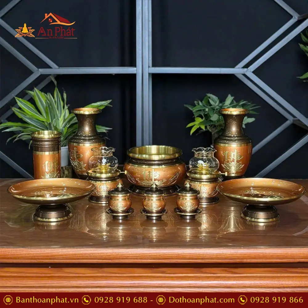 Bộ Đồ Thờ Thần Tài Đồng Nâu Đỏ Hoa Sen Chữ Phật BDT023 15 Bộ Đồ Thờ Thần Tài Đồng Nâu Đỏ Hoa Sen Chữ Phật BDT023