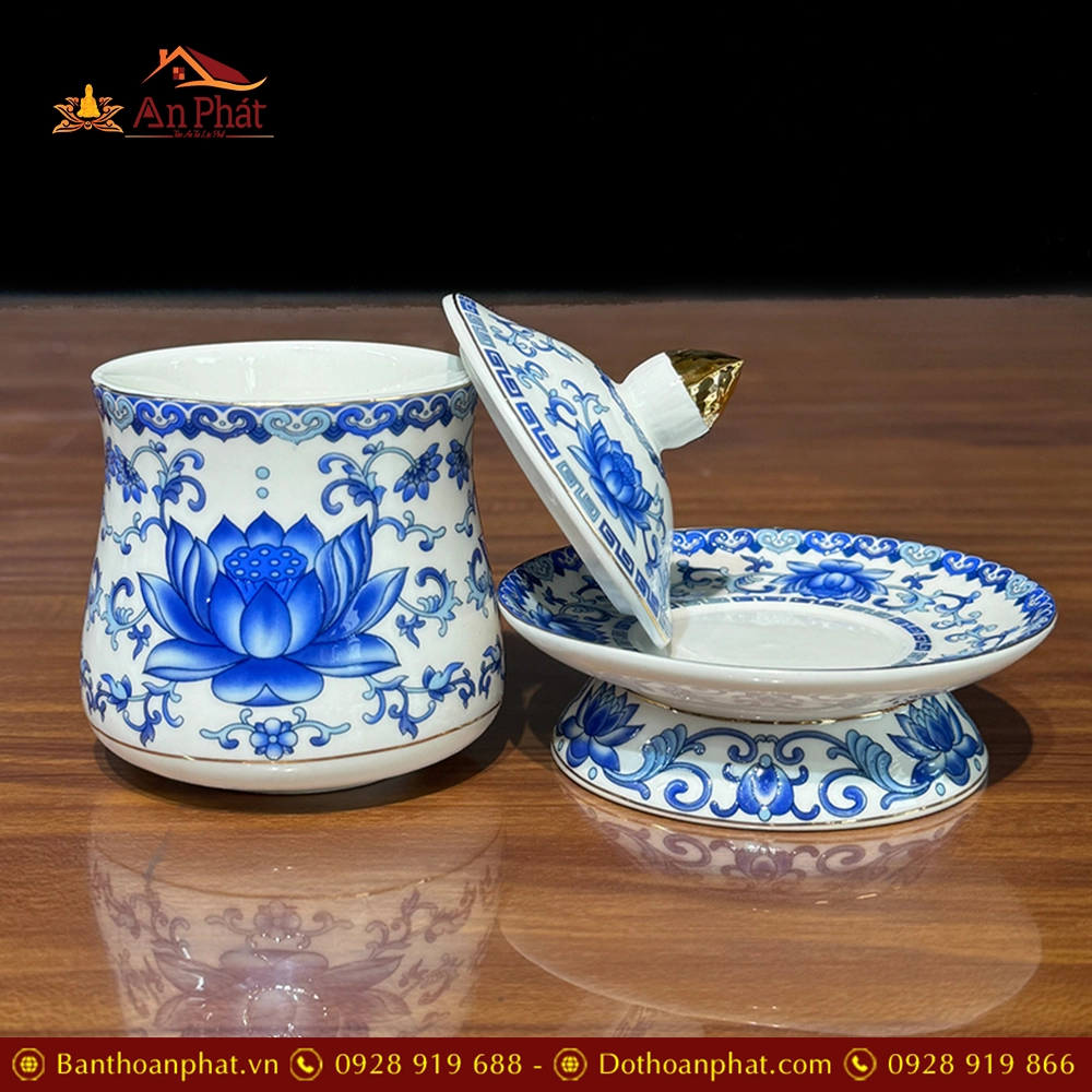 Chóe Thờ Sứ Sen Trắng Xanh DT222 9 Chóe Thờ Sứ Sen Trắng Xanh DT222
