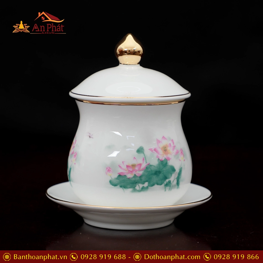 Choé Thờ Sứ Trắng Hoa Sen Hồng Lá Xanh DT281 9 Choé Thờ Sứ Trắng Hoa Sen Hồng Lá Xanh DT281