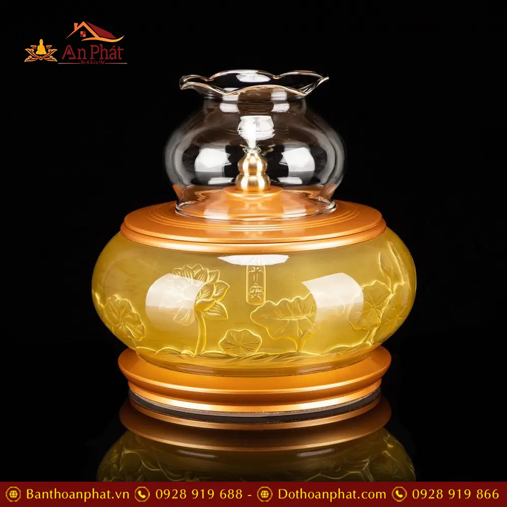 Đèn Thờ Dầu Hoa Sen Chìm Hà Vận Lưu Ly Đế Đồng Vàng DT356 9 Đèn Thờ Dầu Hoa Sen Chìm Hà Vận Lưu Ly Đế Đồng Vàng DT356