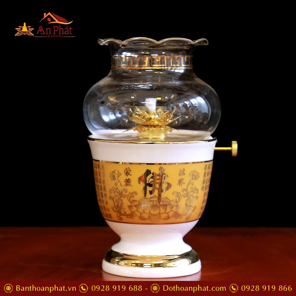 Đèn Thờ Dầu Sứ Tâm Kinh Vàng DT232 13 Đèn Thờ Dầu Sứ Tâm Kinh Vàng DT232