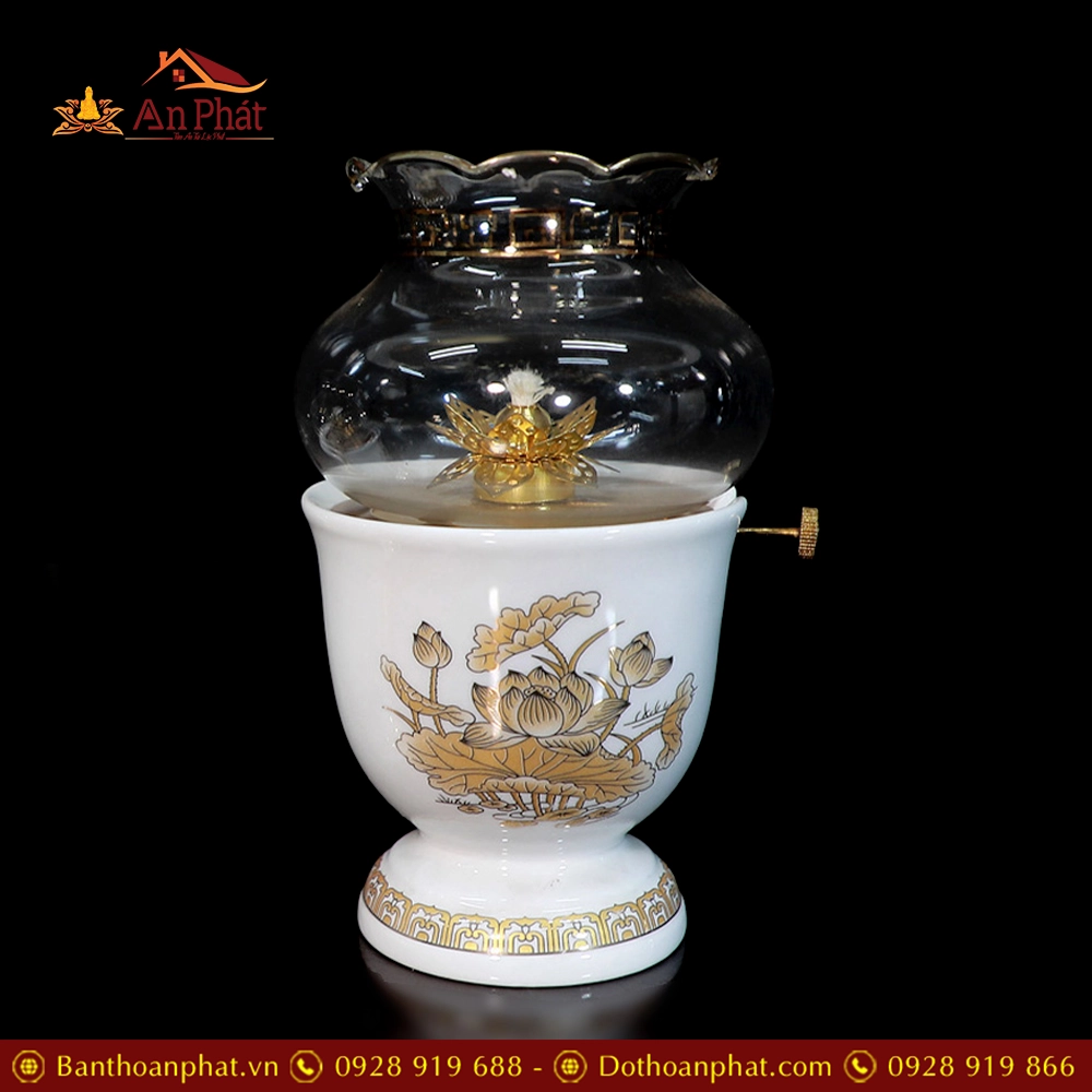 Đèn Thờ Dầu Sứ Trắng Hoa Sen Vàng DT247 11 Đèn Thờ Dầu Sứ Trắng Hoa Sen Vàng DT247