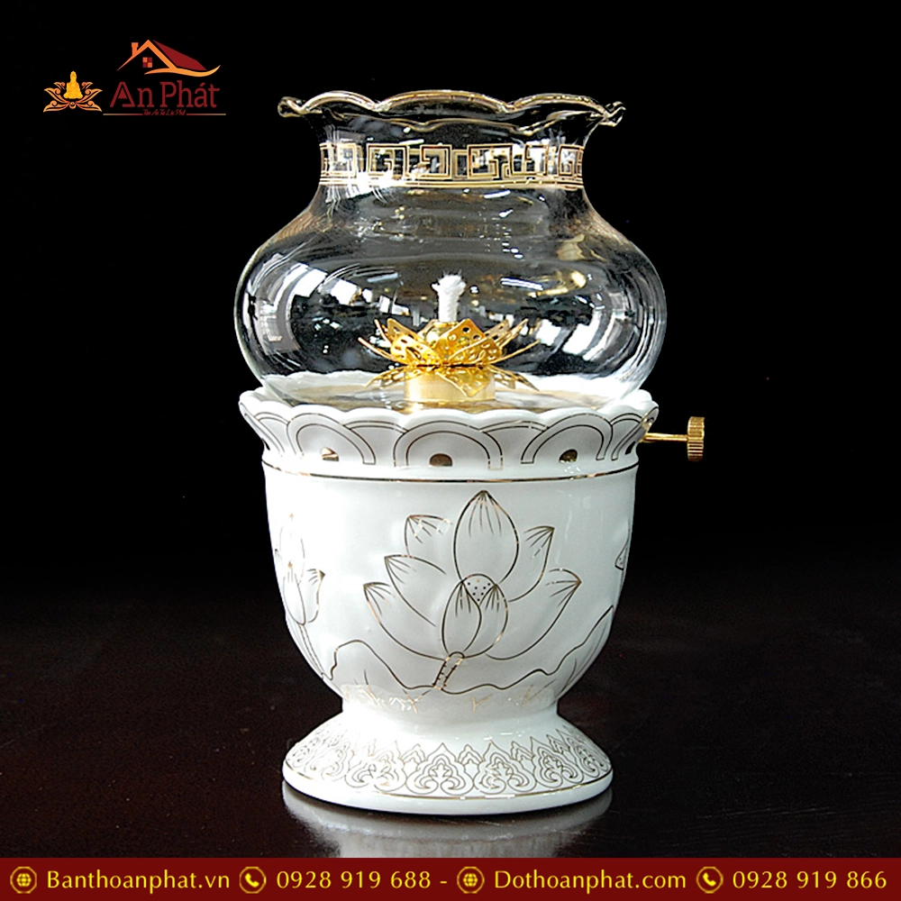 Đèn Thờ Dầu Sứ Trắng Hoa Sen Viền Vàng DT241 15 Đèn Thờ Dầu Sứ Trắng Hoa Sen Viền Vàng DT241