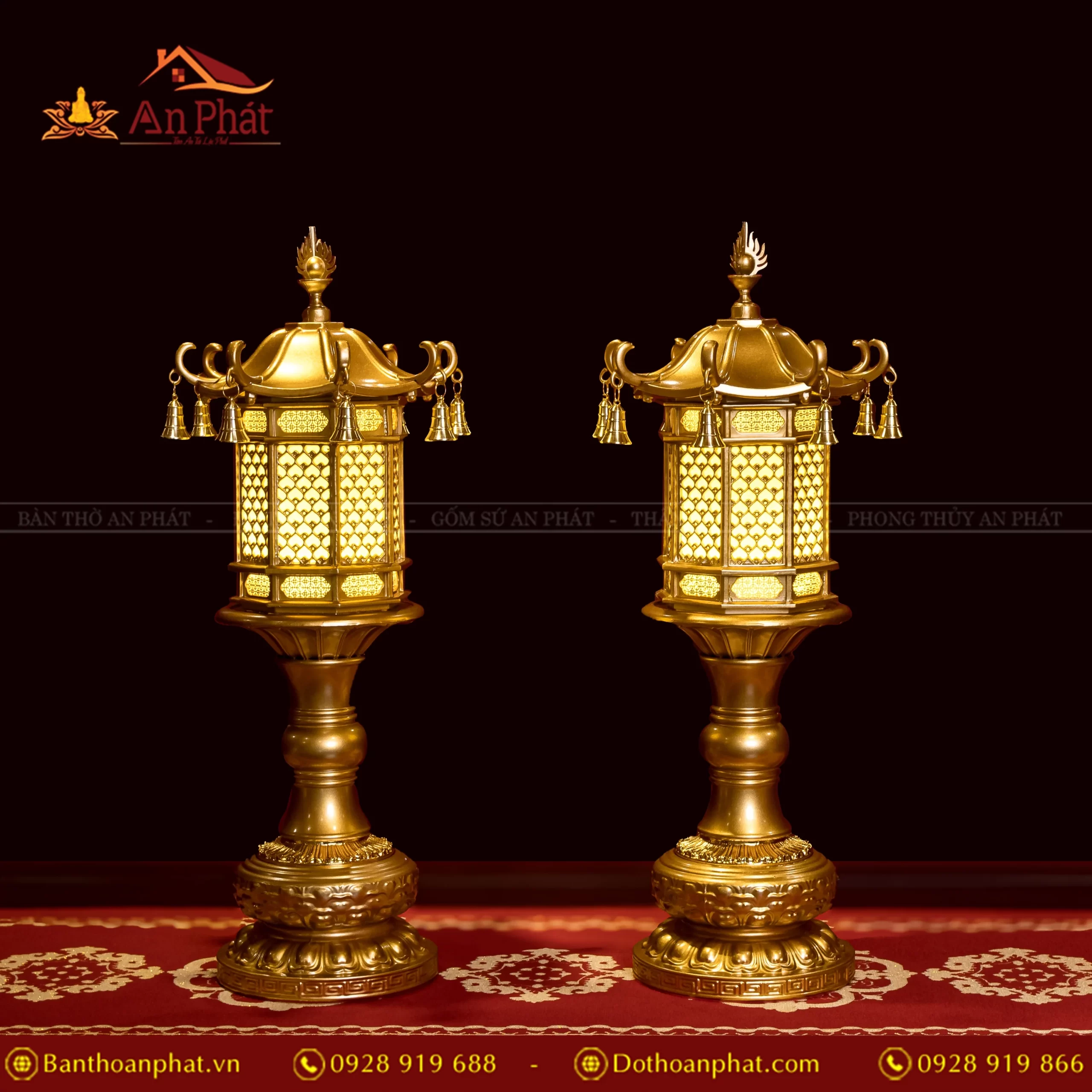 Đèn thờ điện đồng họa tiết lá bồ đề mái chùa DTD1343 14 Đèn thờ cúng bằng đồng cao cấp