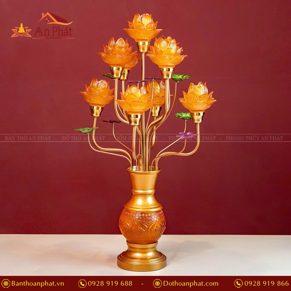 Đèn thờ điện lưu ly cành cong bầu tròn DTD1337 19 Đèn thờ lưu ly hoa sen nhiều bông nhập khẩu