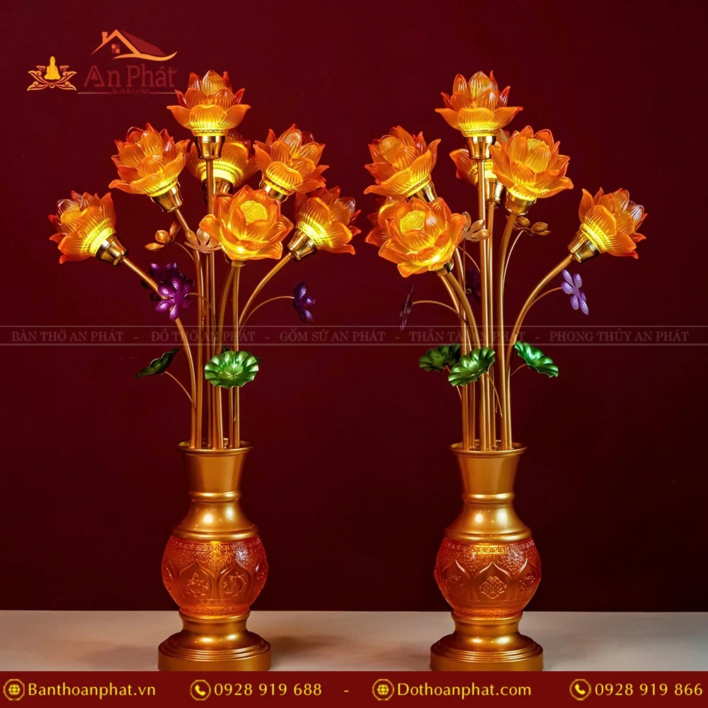 Đèn thờ điện lưu ly cành thẳng bầu tròn DTD1364 16 Đèn thờ cúng bằng điện nhập khẩu Đài Loan