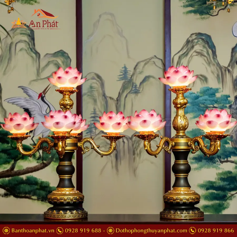 Đèn thờ điện Lưu Ly 5 bông thân đồng DTD1326 13 Đèn thờ bằng điện cao cấp nhập khẩu An Phát