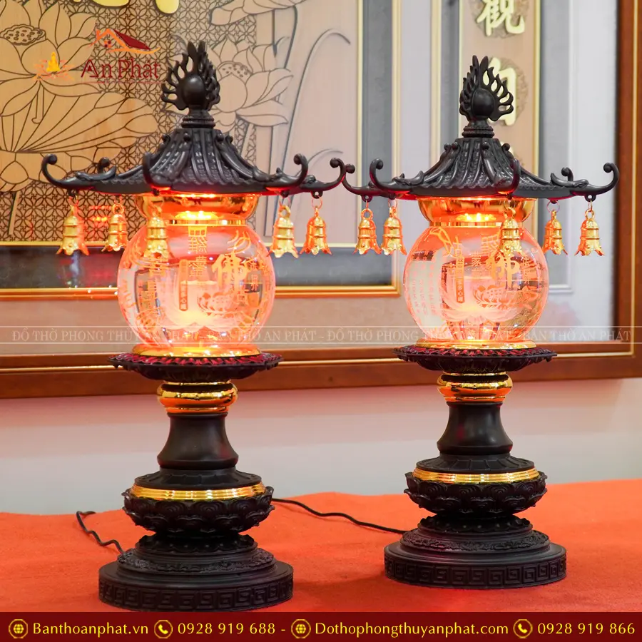 Đèn thờ điện pha lê chữ Phật mái chùa DT1314 12 Đèn thờ pha lê tròn chữ Phật mái chùa nhập khẩu cao cấp