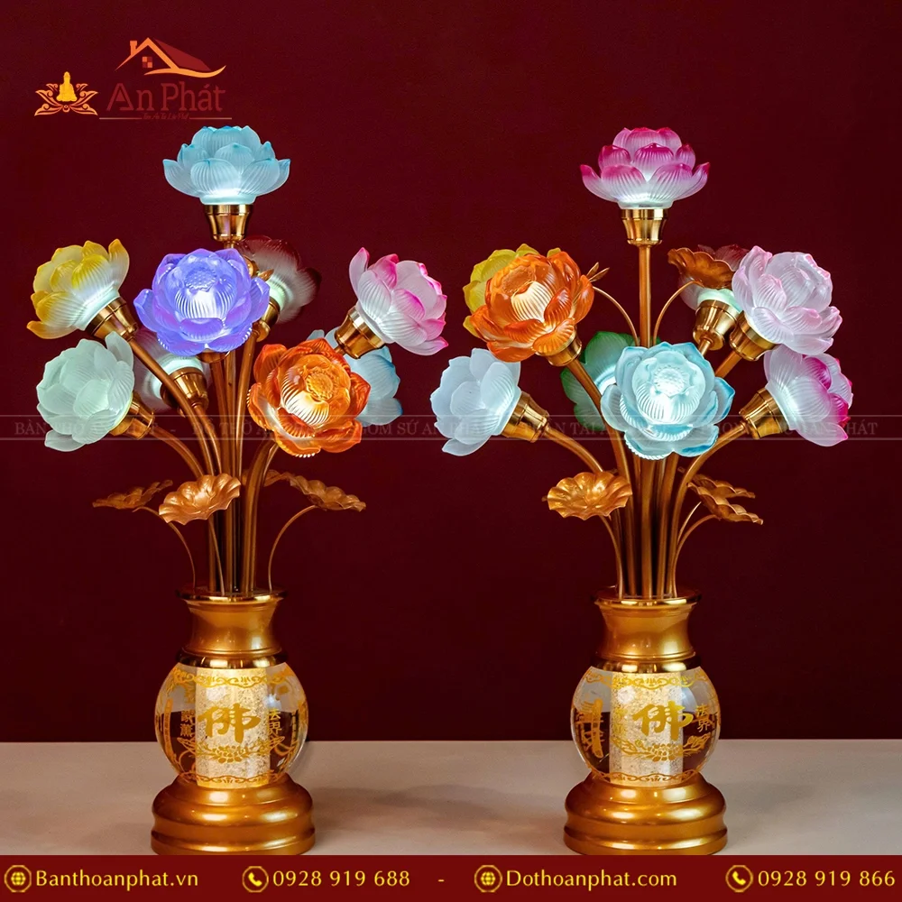 Đèn thờ lưu ly bình thủy tinh nhiều bông sắc màu An Phát