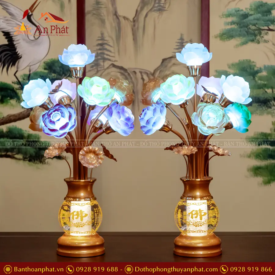 Đèn thờ lưu ly bình thủy tinh DT1308 12 Đèn thờ lưu ly bình thủy tinh nhiều bông sắc màu An Phát