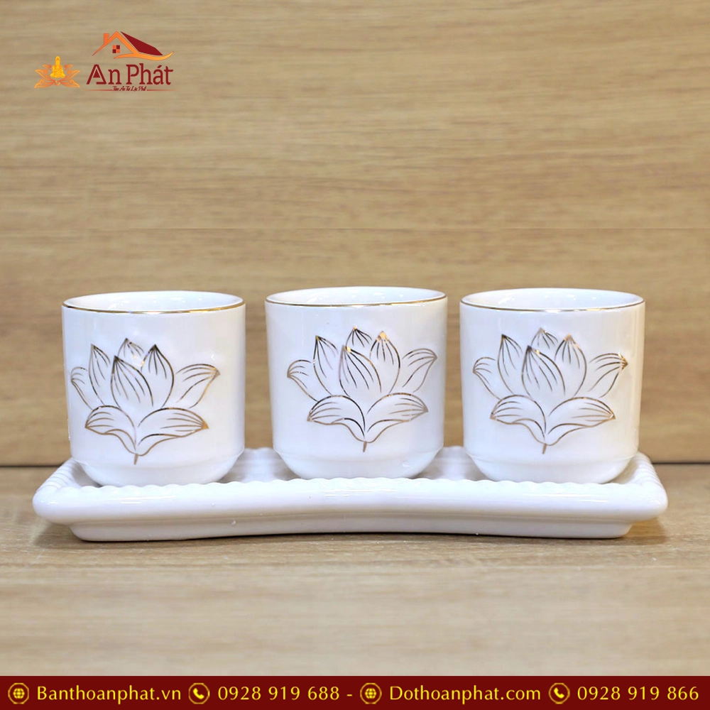 Kỷ Chén Nước Sứ Trắng Hoa Sen Viền Vàng DT237 21 Kỷ Chén Nước Sứ Trắng Hoa Sen Viền Vàng DT237