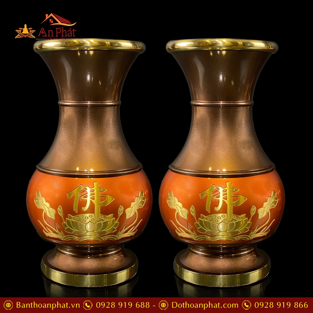 Lọ Hoa Đồng Đỏ Hoa Sen Chữ Phật DT213 7 Lọ Hoa Đồng BQL Đỏ Hoa Sen Chữ Phật DT213