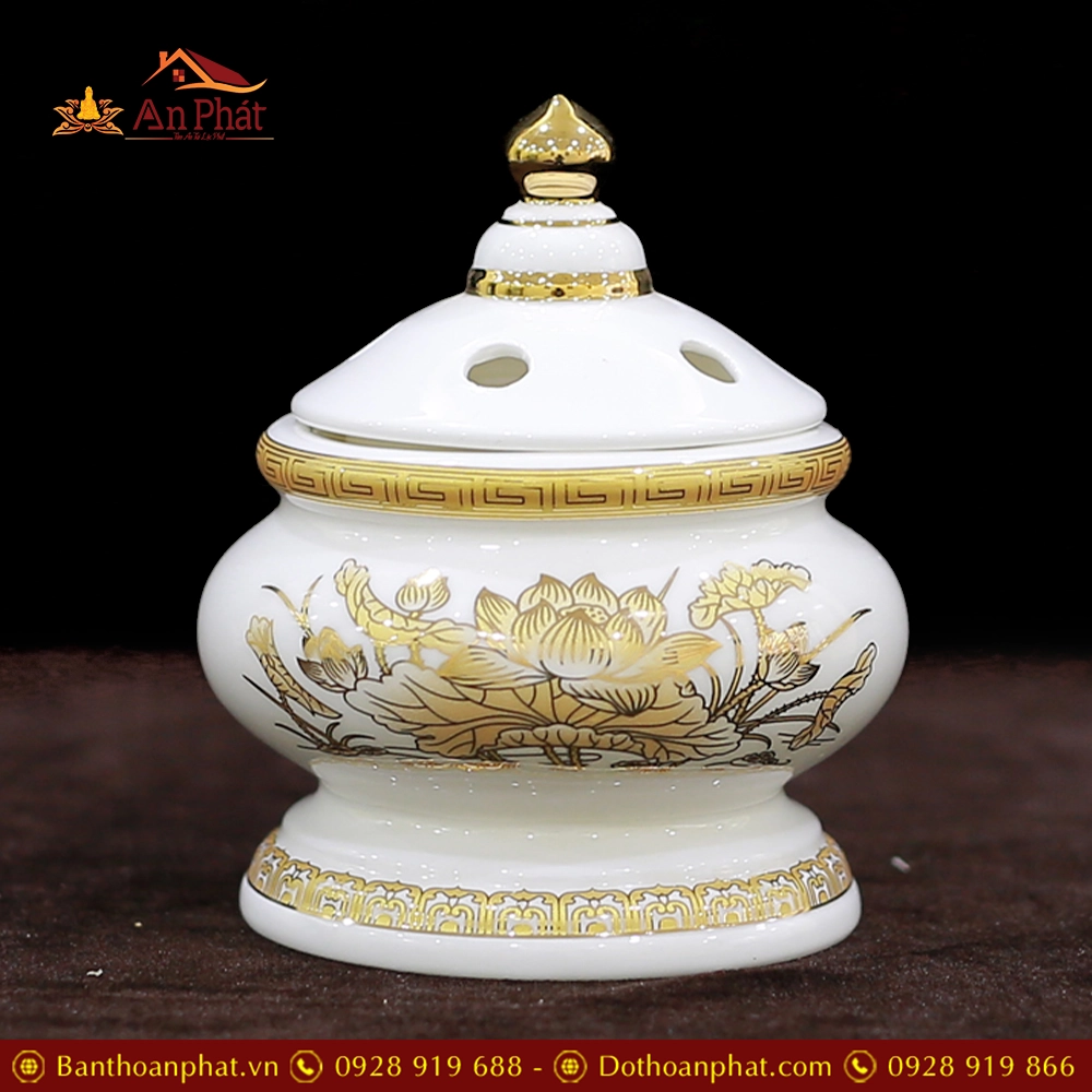 Lư Đốt Trầm Sứ Trắng Hoa Sen Vàng DT250 11 Lư Đốt Trầm Sứ Trắng Hoa Sen Vàng DT250