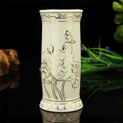 Ống Hương Sứ Trắng Hoa Sen Viền Vàng DT242