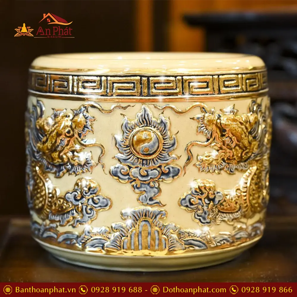 Bát Hương Hoàng Thổ Gốm Bát Tràng Vẽ Vàng DT644