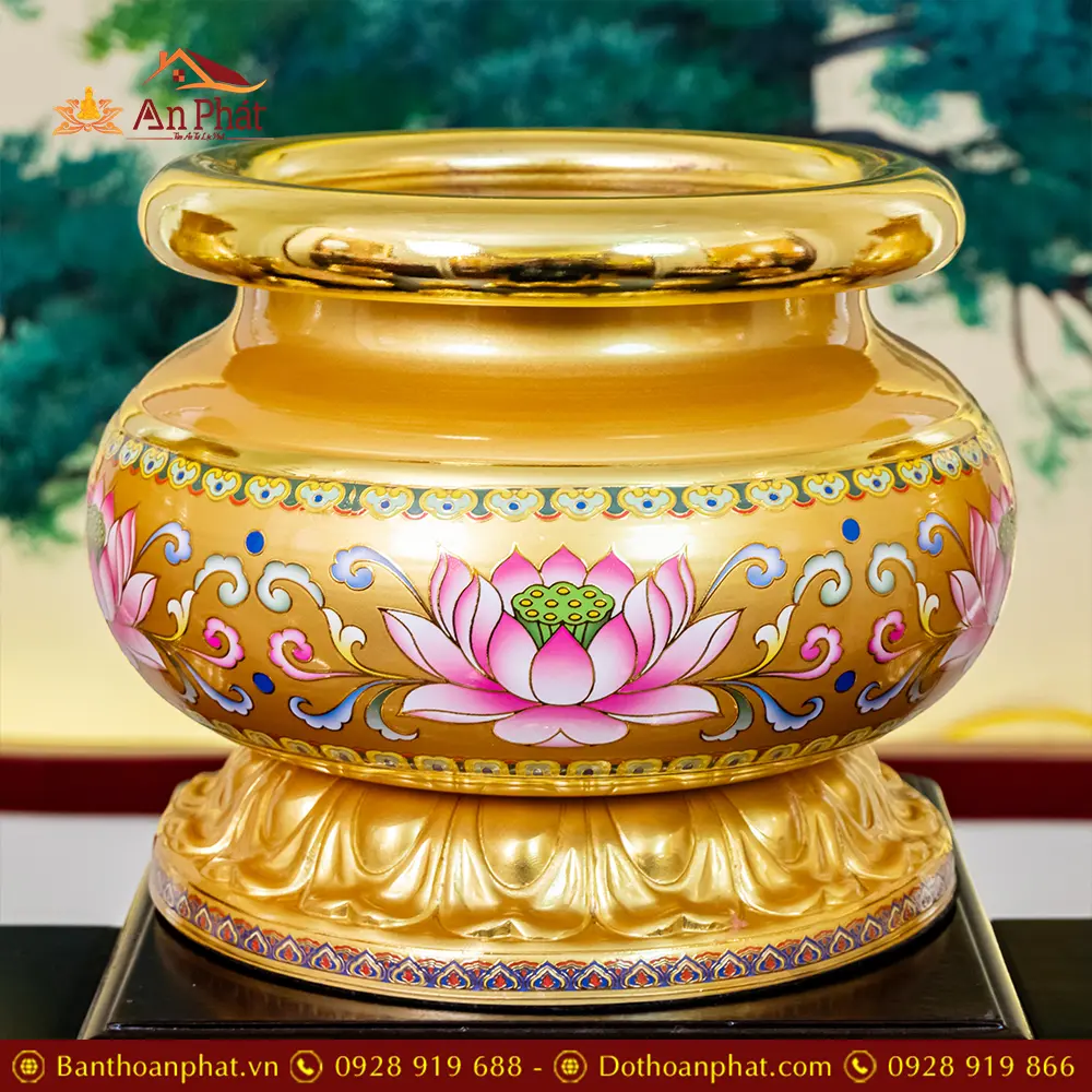 Bát Hương Hợp Kim Gấm Hoa Sen Vàng DT382 19 Bát Hương Hợp Kim Gấm Hoa Sen Vàng DT382