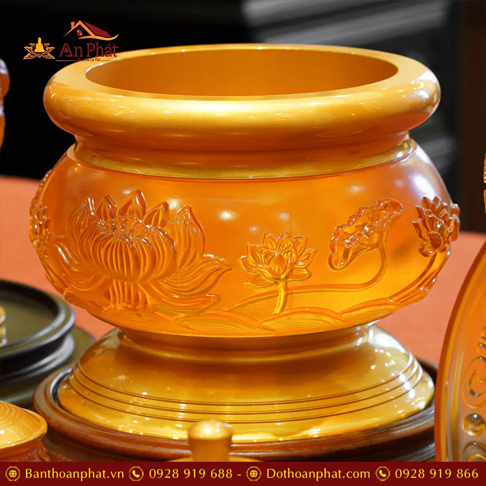 Bát Hương Lưu Ly Hoa Sen Hổ Phách Đỏ DT396