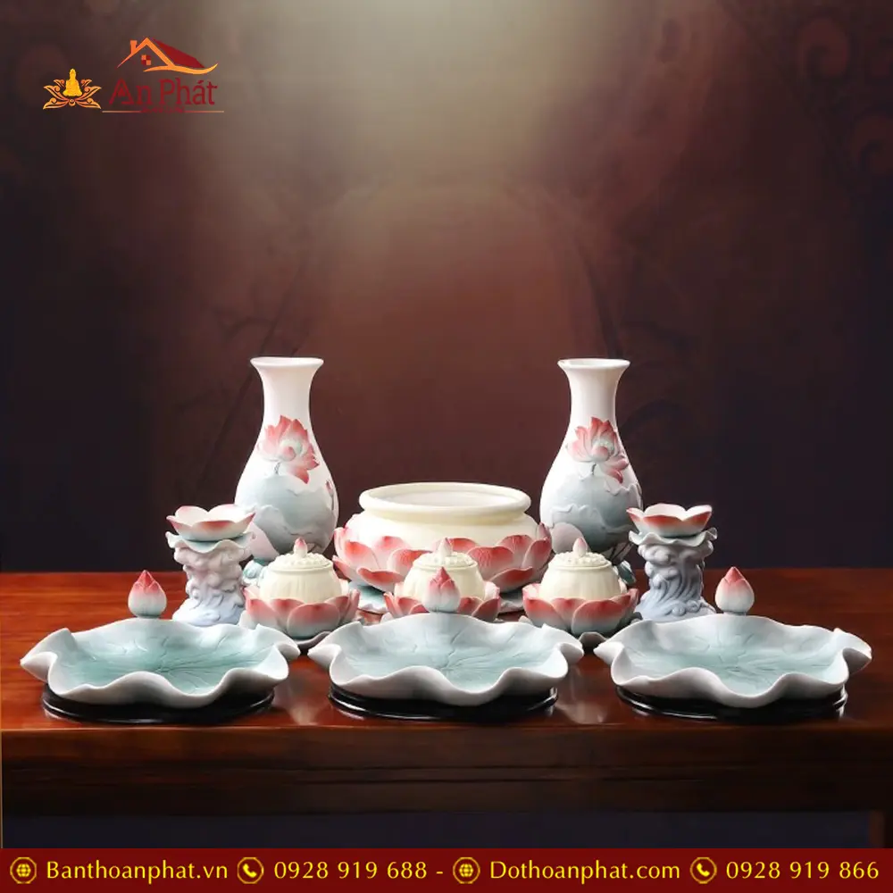 Bộ Đồ Thờ Cao Cấp Nhập Khẩu Gốm Vàng Đế Sen Hồng BDT068 13 Bộ Đồ Thờ Cao Cấp Nhập Khẩu Gốm Vàng Đế Sen Hồng BDT068