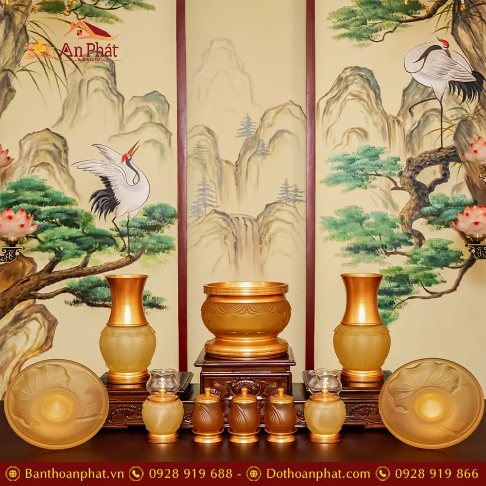 Bộ Đồ Thờ Cao Cấp Nhập Khẩu Lưu Ly Viền Lá Sen BDT046 13 Bộ Đồ Thờ Cao Cấp Nhập Khẩu Lưu Ly Viền Lá Sen BDT046
