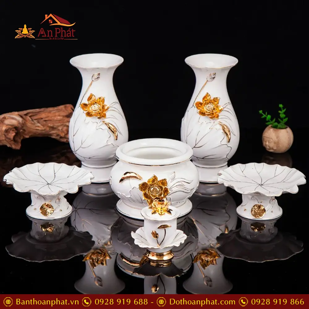 Bộ Đồ Thờ Cao Cấp Sứ Bạch Ngọc Kim Sen Vàng BDT086