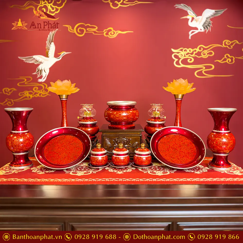 Bộ Đồ Thờ Đồng Hoa Văn Đỏ Nhập Khẩu BDT053 15 Bộ Đồ Thờ Đồng Hoa Văn Đỏ Nhập Khẩu BDT053