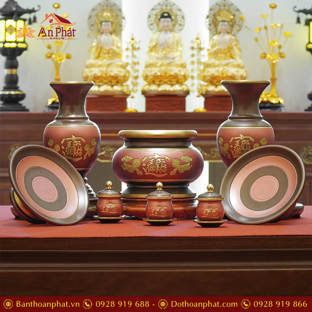 Bộ Đồ Thờ Đồng Nâu Chữ Phật Nổi Nhập Khẩu BDT061 25 Bộ Đồ Thờ Đồng Nâu Chữ Phật Nổi Nhập Khẩu BDT061