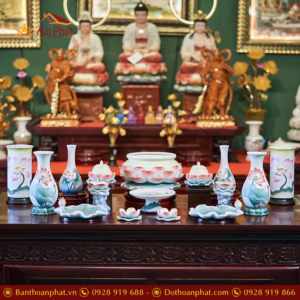 Bộ Đồ Thờ Gốm Vàng Đế Sen Hồng Nhập Khẩu BDT066 21 Bộ Đồ Thờ Gốm Vàng Đế Sen Hồng Nhập Khẩu BDT066