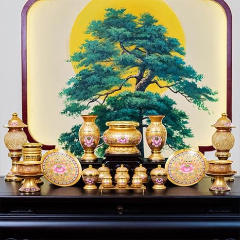 Bộ Đồ Thờ Hợp Kim Gấm Hoa Sen Vàng Nhập Khẩu BDT039