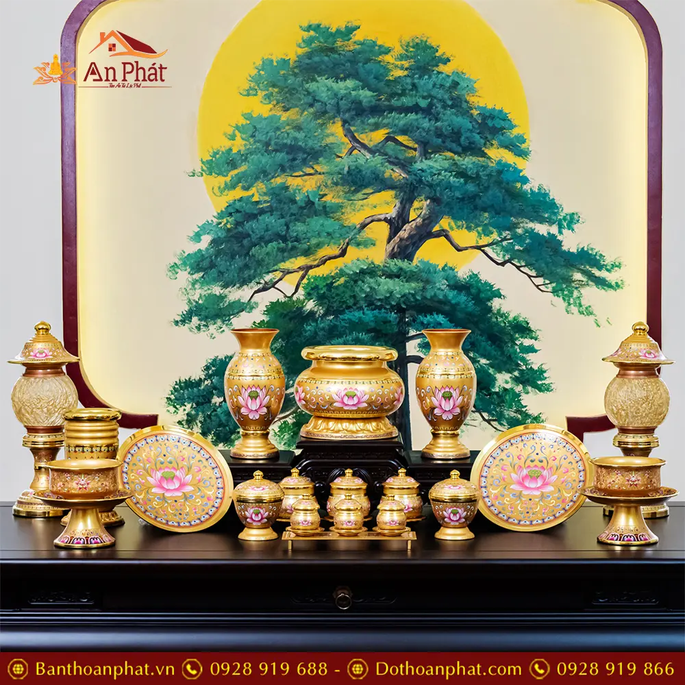 Bộ Đồ Thờ Hợp Kim Gấm Hoa Sen Vàng Nhập Khẩu BDT039 21 Bộ Đồ Thờ Hợp Kim Gấm Hoa Sen Vàng Nhập Khẩu BDT039