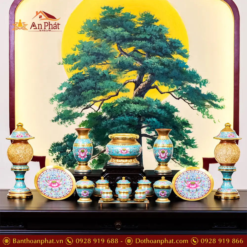 Bộ Đồ Thờ Hợp Kim Gấm Hoa Sen Xanh Dương BDT038 19 Bộ Đồ Thờ Hợp Kim Gấm Hoa Sen Xanh Dương BDT038