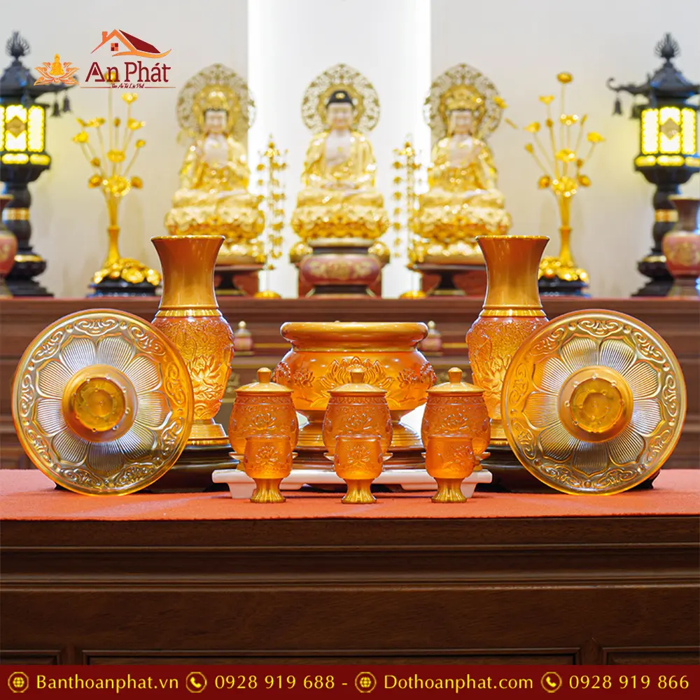 Bộ Đồ Thờ Lưu Ly Hoa Sen Hổ Phách Đỏ BDT045