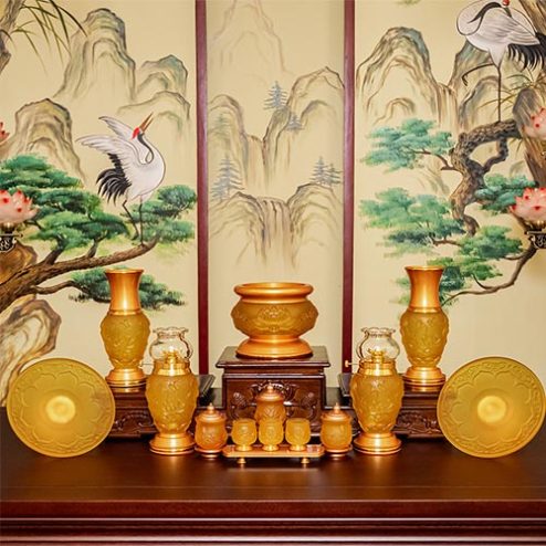 Bộ Đồ Thờ Lưu Ly Nhập Khẩu Hoạ Tiết Hoa Sen Bọc Đồng BDT047
