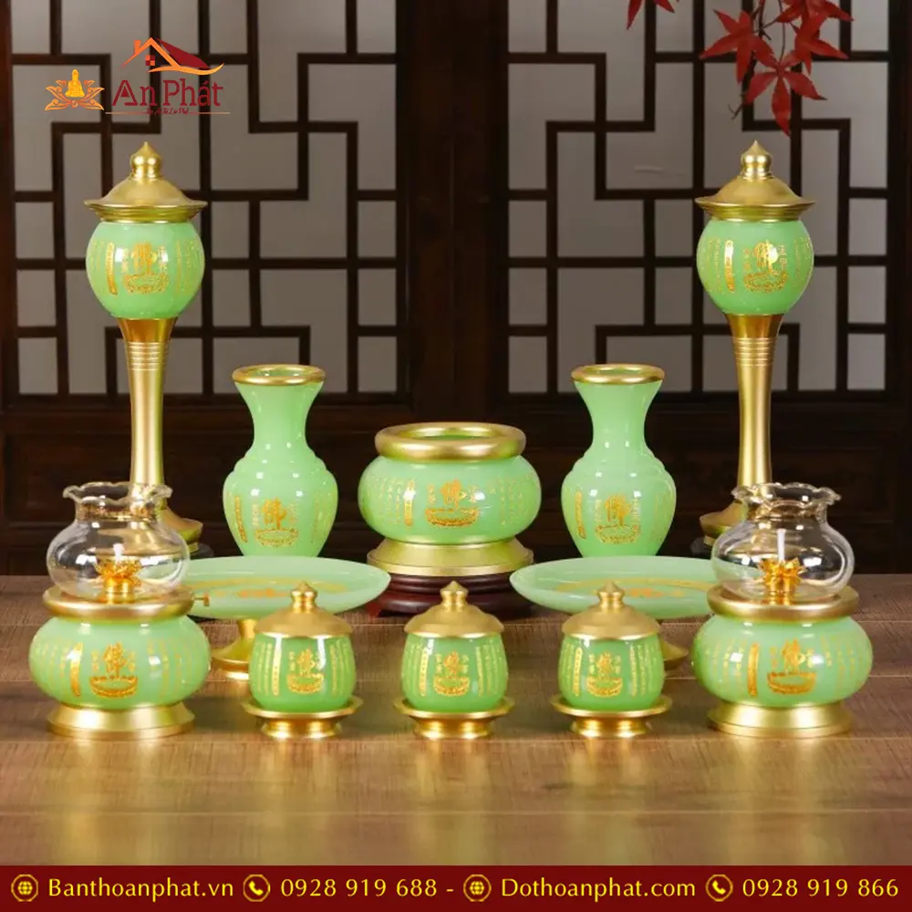 Bộ Đồ Thờ Ngọc Bọc Đồng Xanh Ngọc Cao Cấp BDT097