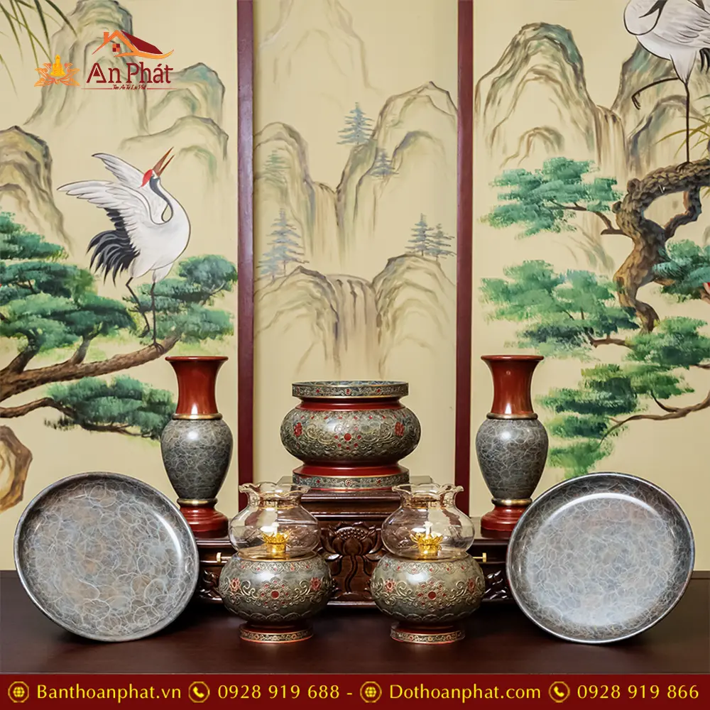 Bộ Đồ Thờ Nhập Khẩu Đồng Hoa Văn Cao Cấp BDT058