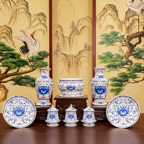 Bộ Đồ Thờ Phật Sứ Trắng Sen Xanh Nhập Khẩu BDT063