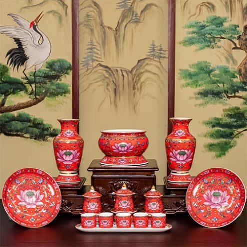 Bộ Đồ Thờ Sứ Gấm Đỏ Hoa Sen Nhập Khẩu BDT071