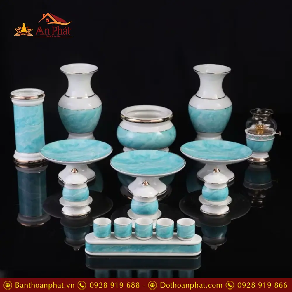 Bộ Đồ Thờ Sứ Nhập Khẩu Giả Đá Xanh Dương BDT089