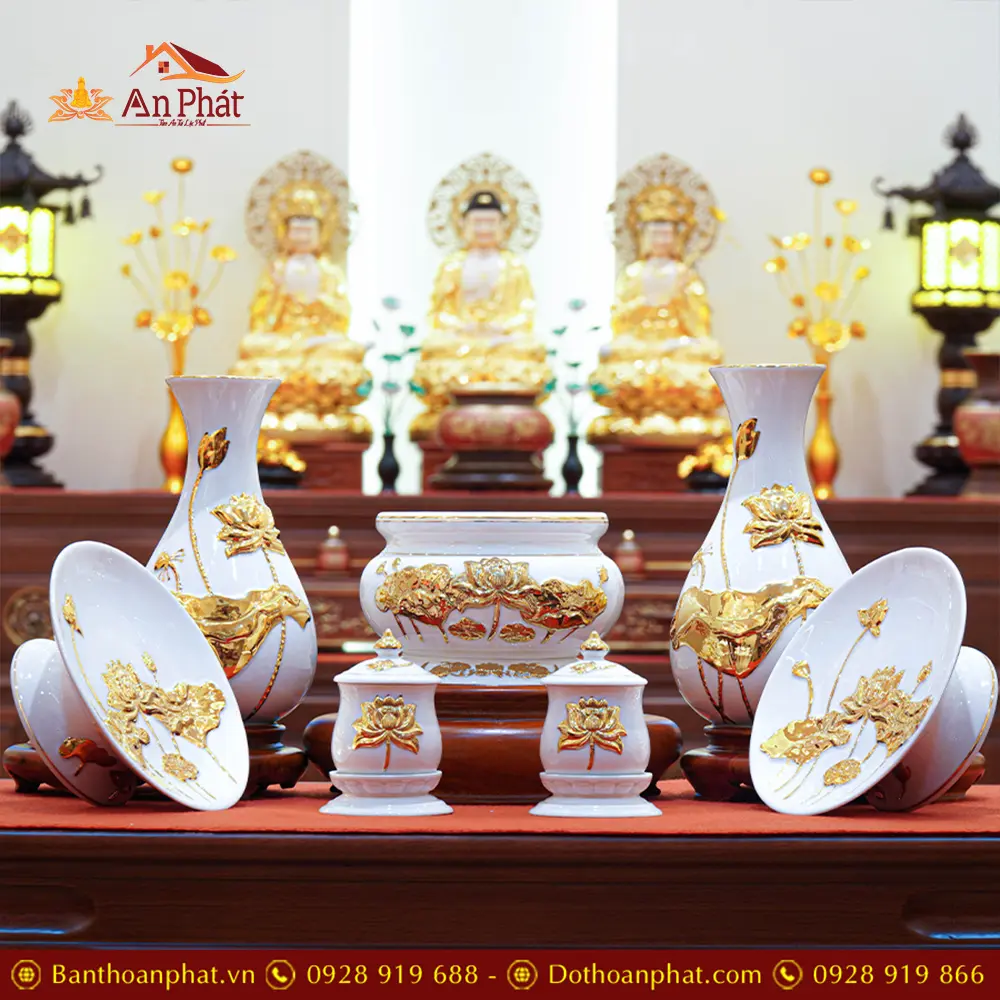 Bộ Đồ Thờ Sứ Sen Vàng Nổi Cao Cấp BDT069 17 Bộ Đồ Thờ Sứ Sen Vàng Nổi Cao Cấp BDT069