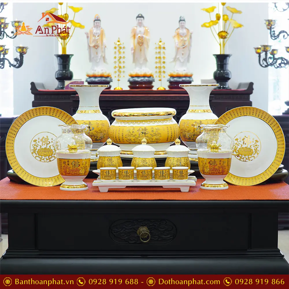 Bộ Đồ Thờ Thần Tài Nhập Khẩu Sứ Tâm Kinh Vàng BDT079