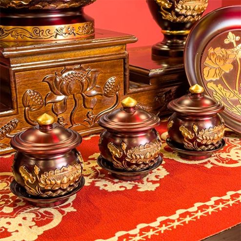 Chén Nước Thờ Đồng Nâu Chạm Nổi Hoa Sen Cao Cấp DT420