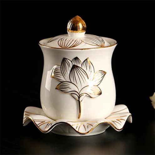 Choé Thờ Gốm Trắng Hoa Sen Viền Vàng DT626